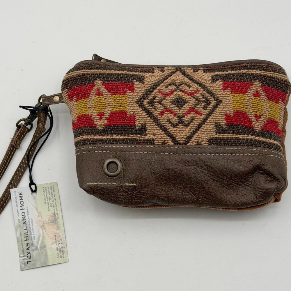 Myra Bag Southwestern Upcycled Canvas Leather Wristlet Pouch Brown NEW Tribal
